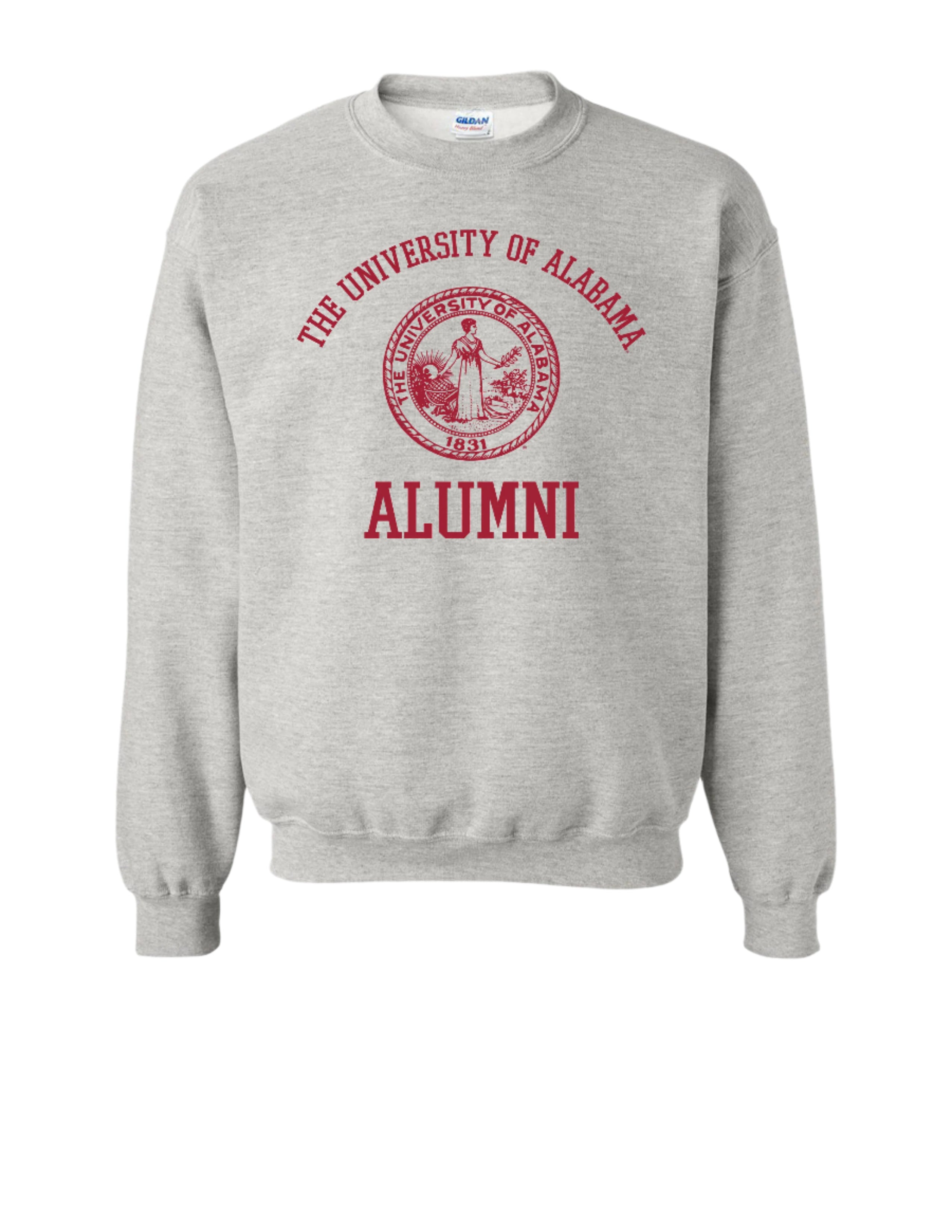 University of Alabama Light Grey Alumni Sweatshirt with Red text "University of Alabama" above the Red Alumni Seal and Red text "Alumni" below