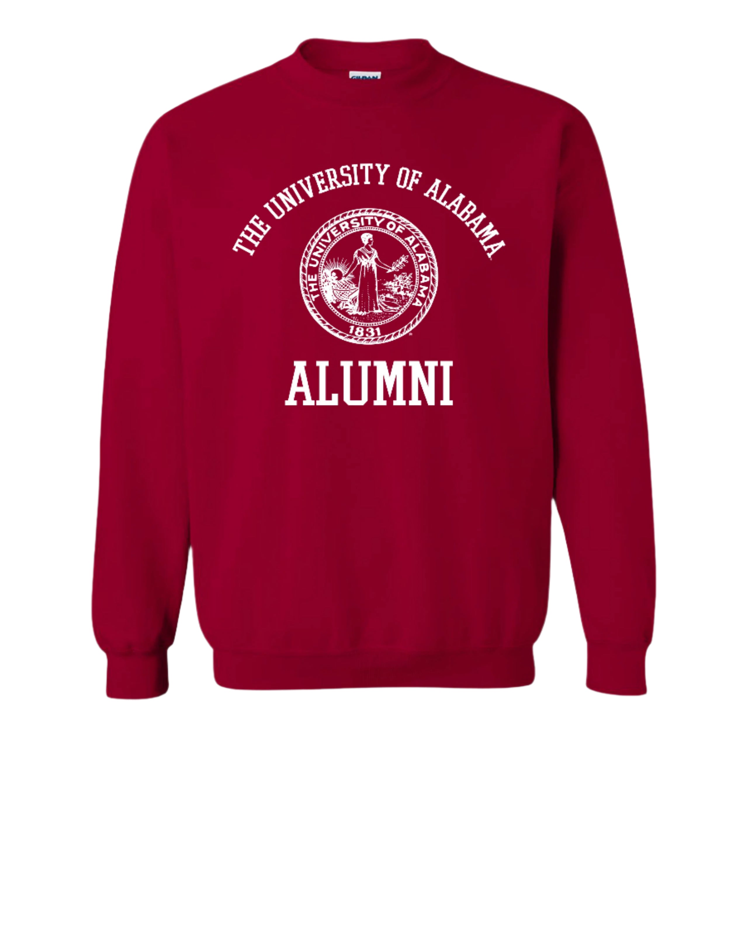 University of Alabama Red Alumni Sweatshirt with White text "University of Alabama" above the White Alumni Seal and White text "Alumni" below