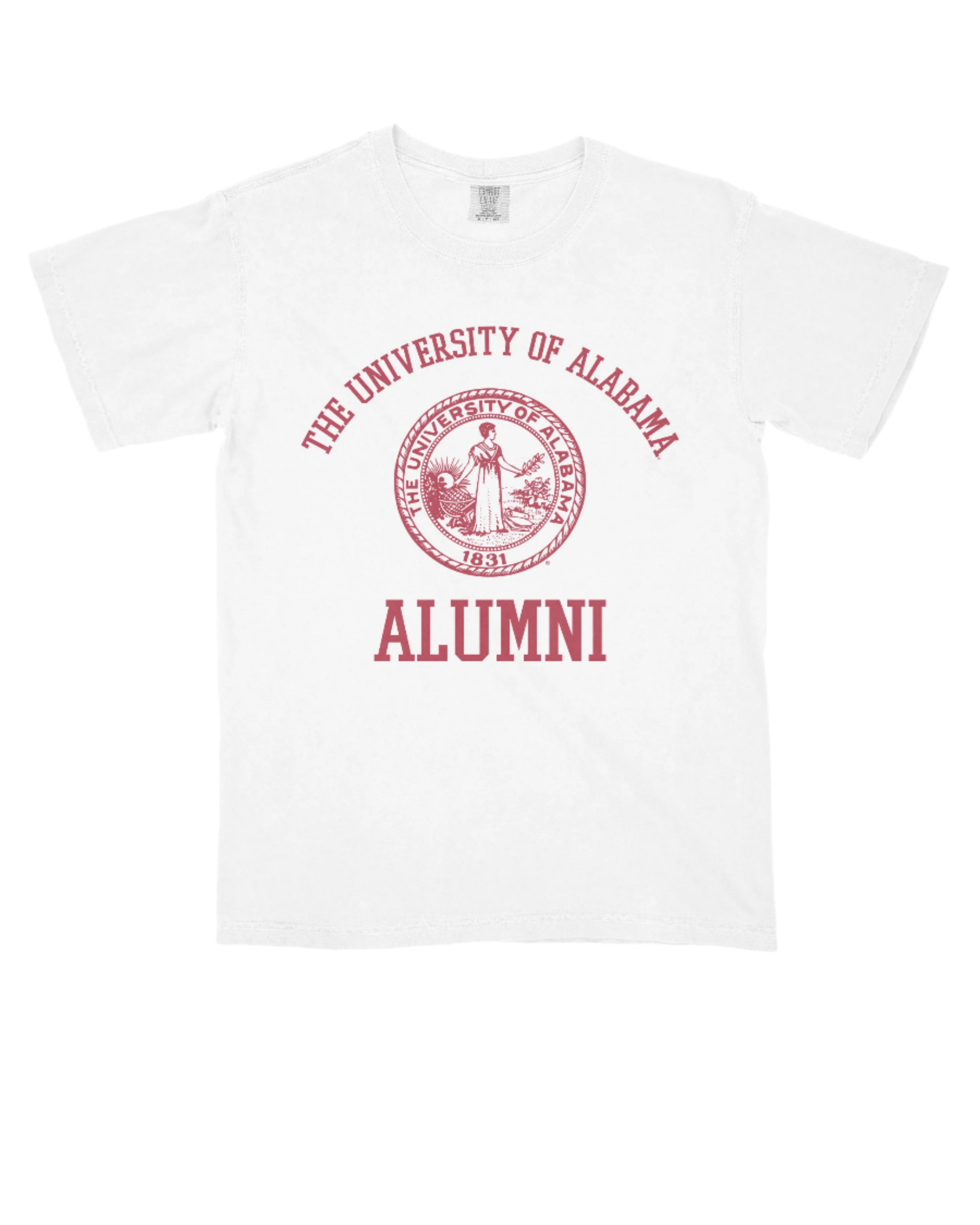 University of Alabama White Alumni T-Shirt with Red text "University of Alabama" above the Red Alumni Seal and Red text "Alumni" below