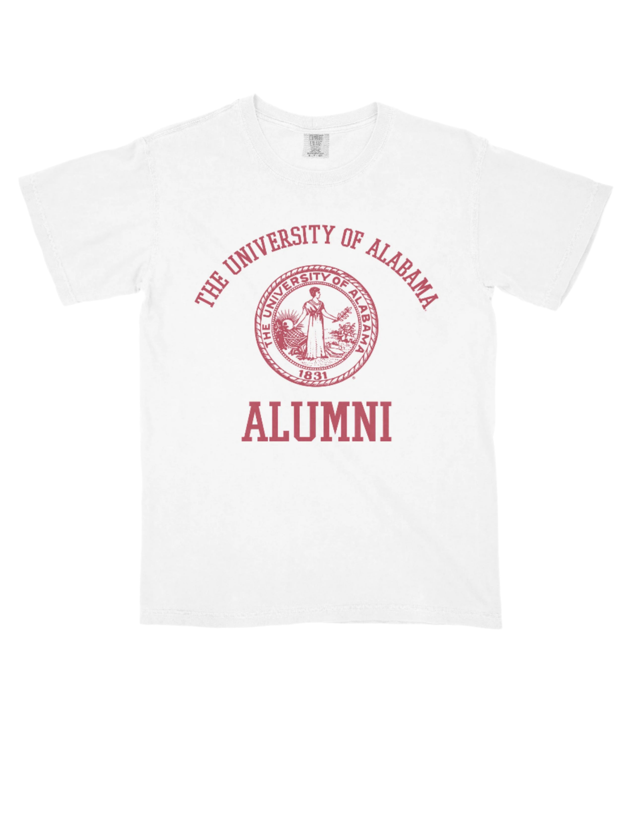 University of Alabama White Alumni T-Shirt with Red text "University of Alabama" above the Red Alumni Seal and Red text "Alumni" below