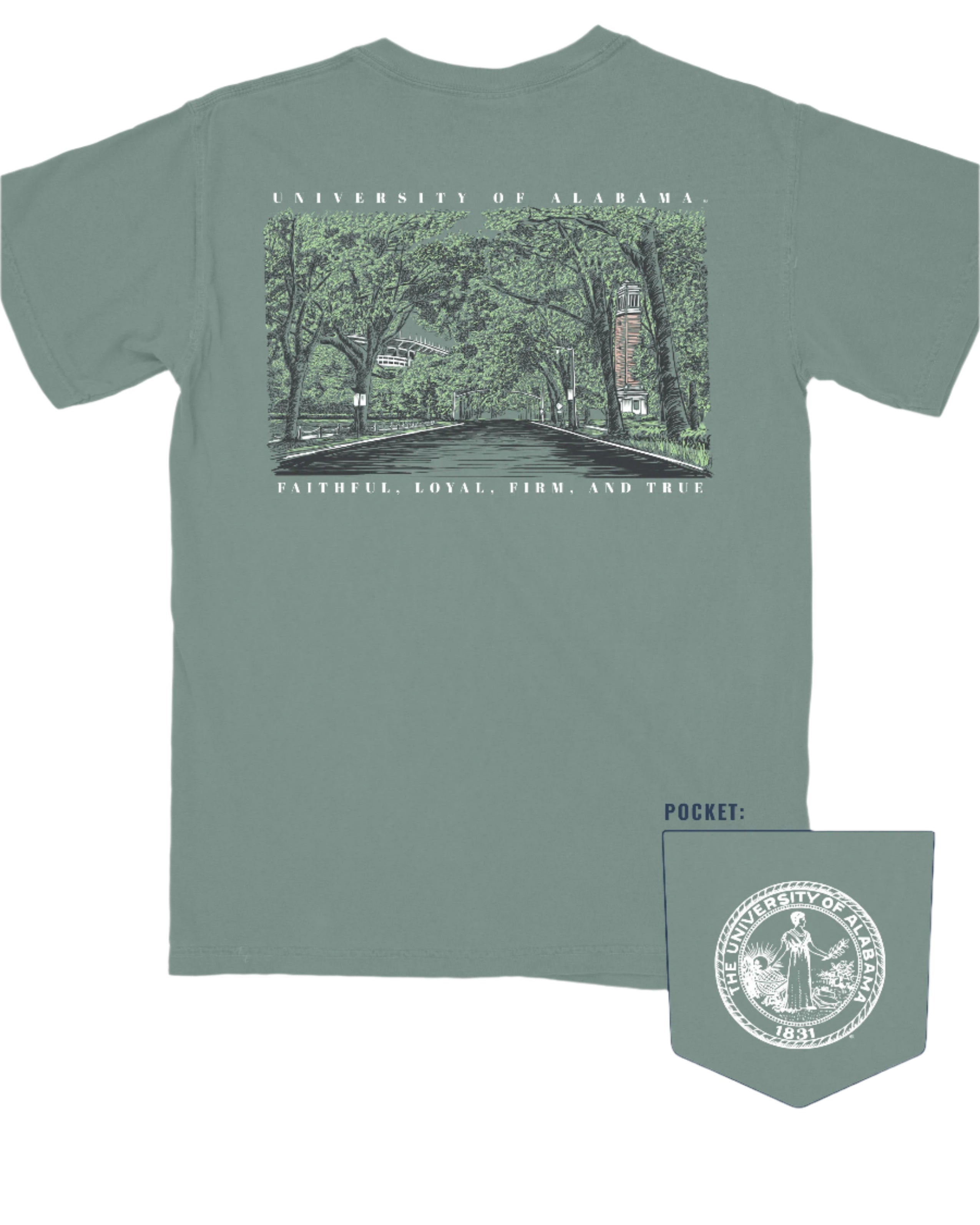 University of Alabama Green University Boulevard T-Shirt with a hand-drawn scene of University Boulevard, featuring trees and Denny Chimes, on the back.