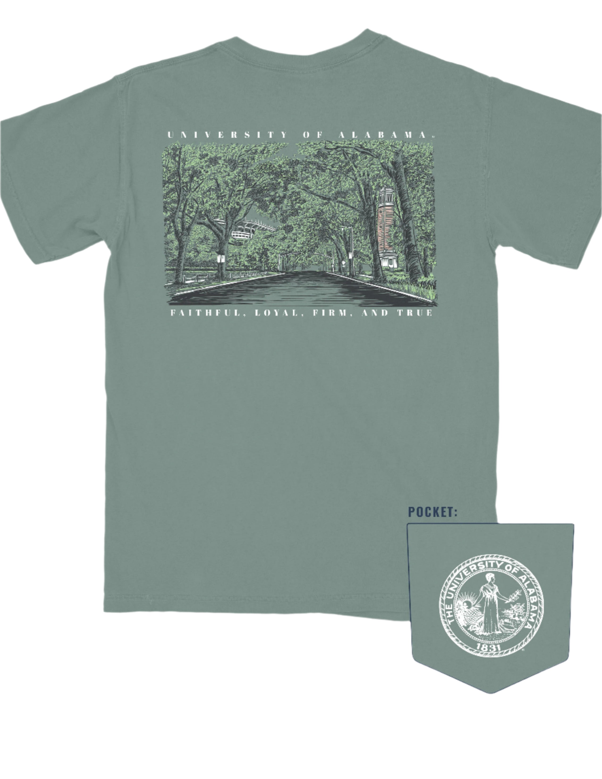 University of Alabama Green University Boulevard T-Shirt with a hand-drawn scene of University Boulevard, featuring trees and Denny Chimes, on the back.