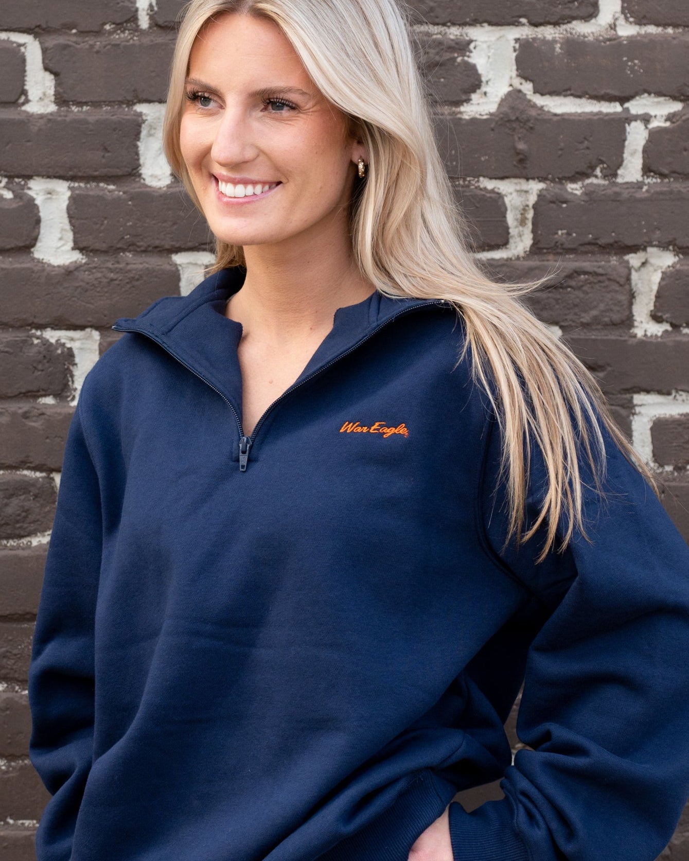 Auburn University Navy 1/4 Zip Sweatshirt with Orange script "War Eagle" embroidery