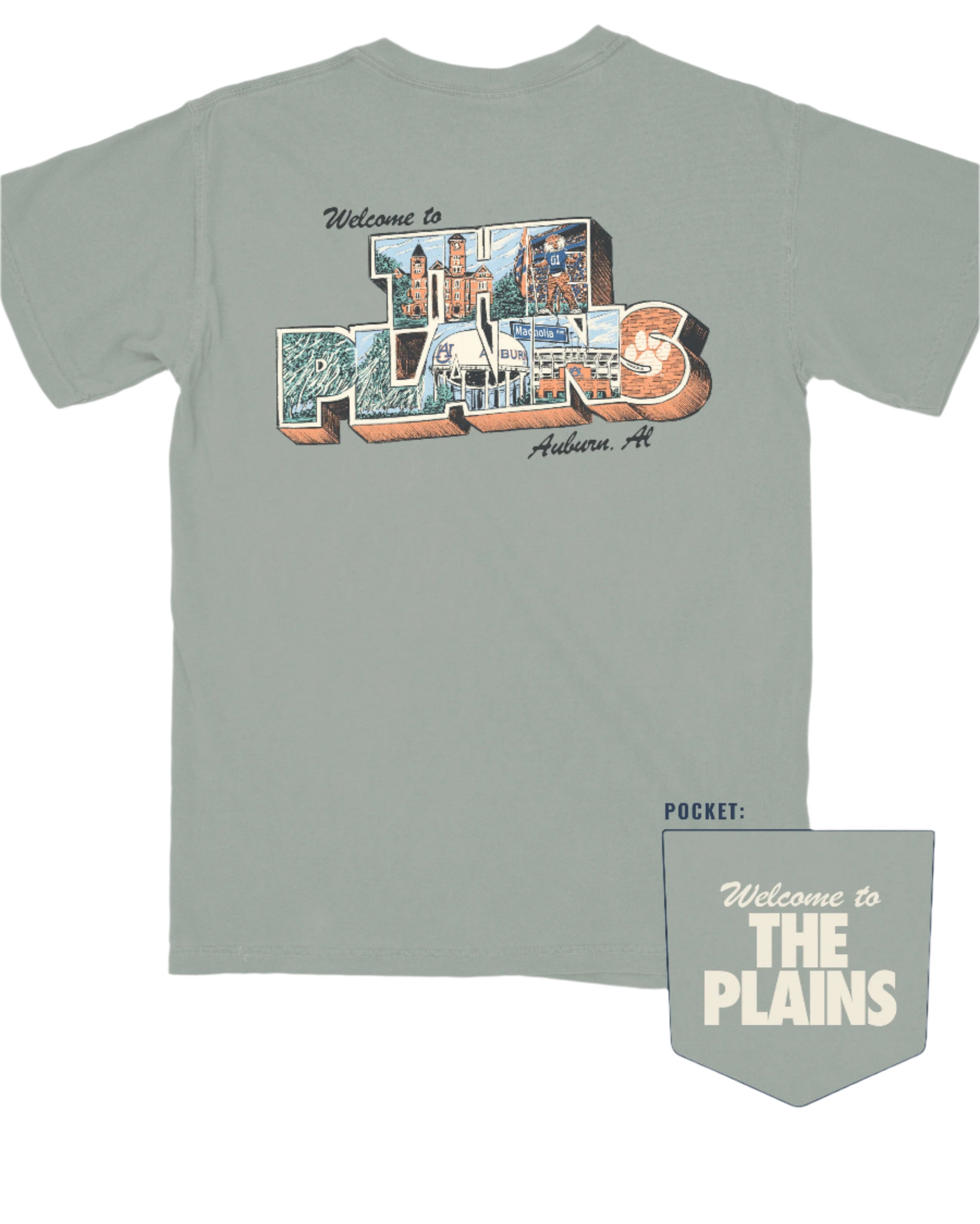 Auburn University Green The Plains T-Shirt with postcard style text "Welcome to THE PLAINS" with "The Plains" filled with images of iconic buildings in that location