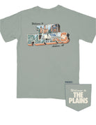 Auburn University Green The Plains T-Shirt with postcard style text "Welcome to THE PLAINS" with "The Plains" filled with images of iconic buildings in that location