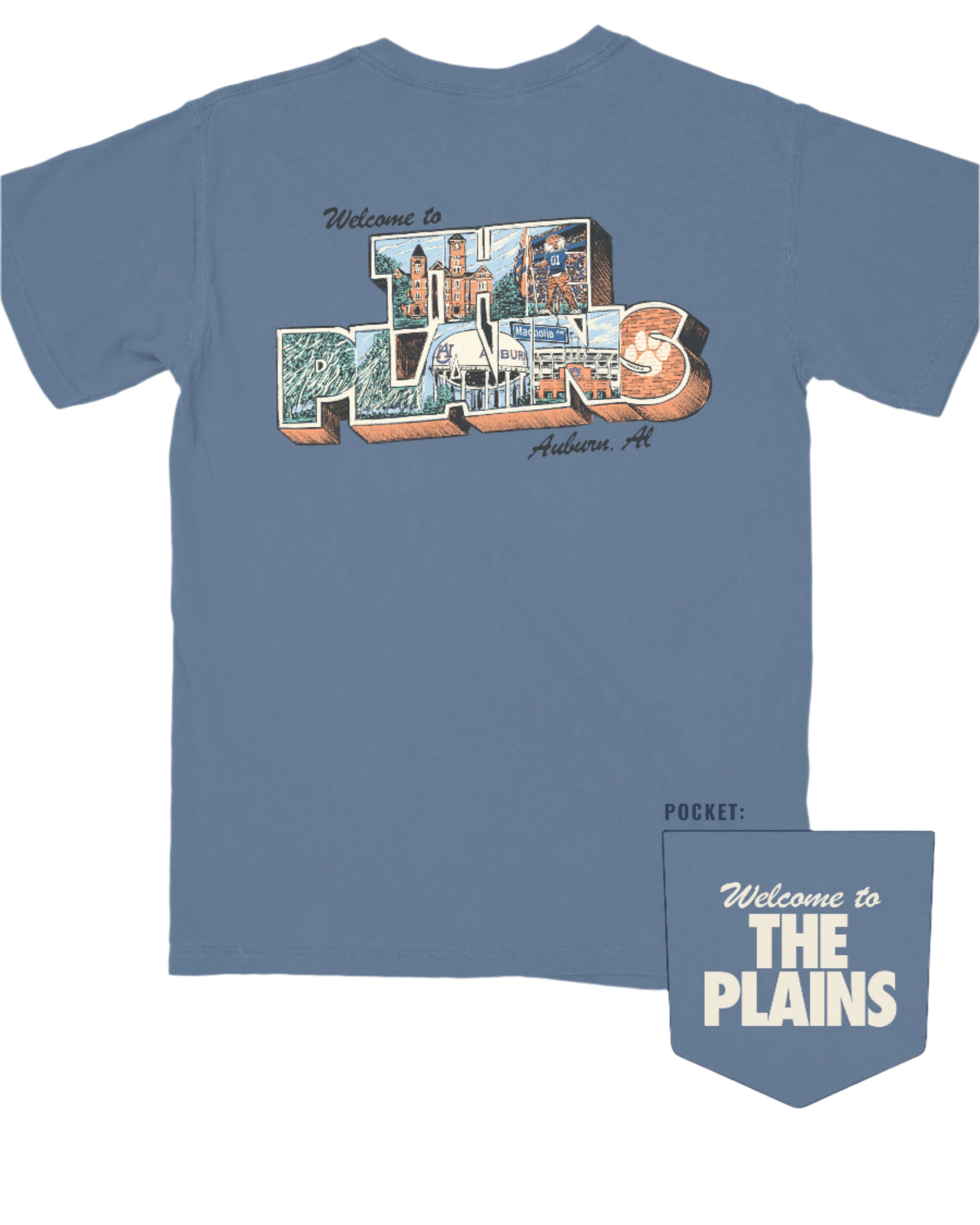 Auburn University Blue The Plains T-Shirt with postcard style text "Welcome to THE PLAINS" with "The Plains" filled with images of iconic buildings in that location