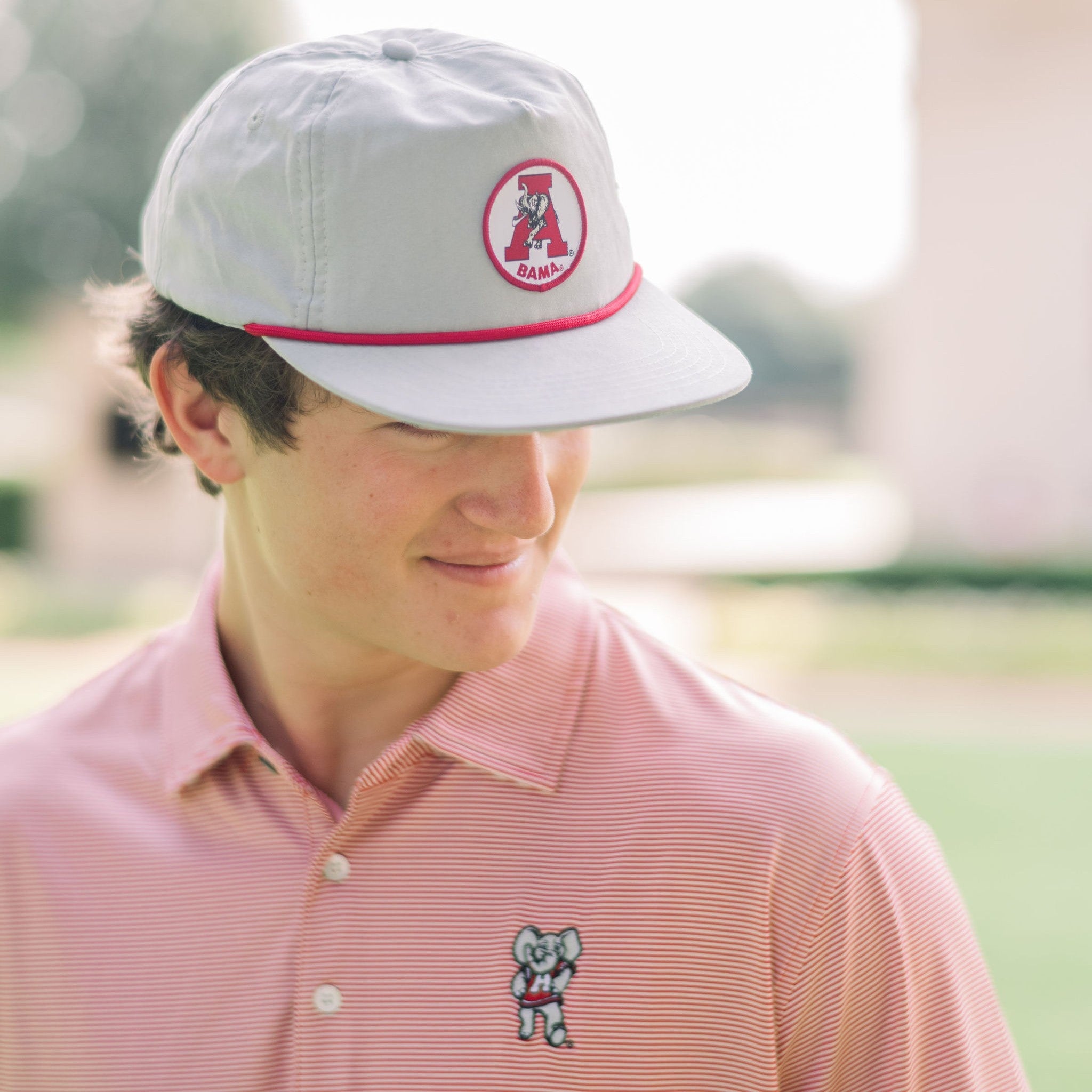 University of Alabama Light Grey Hat with a Red rope and a patch of the Vintage A Logo