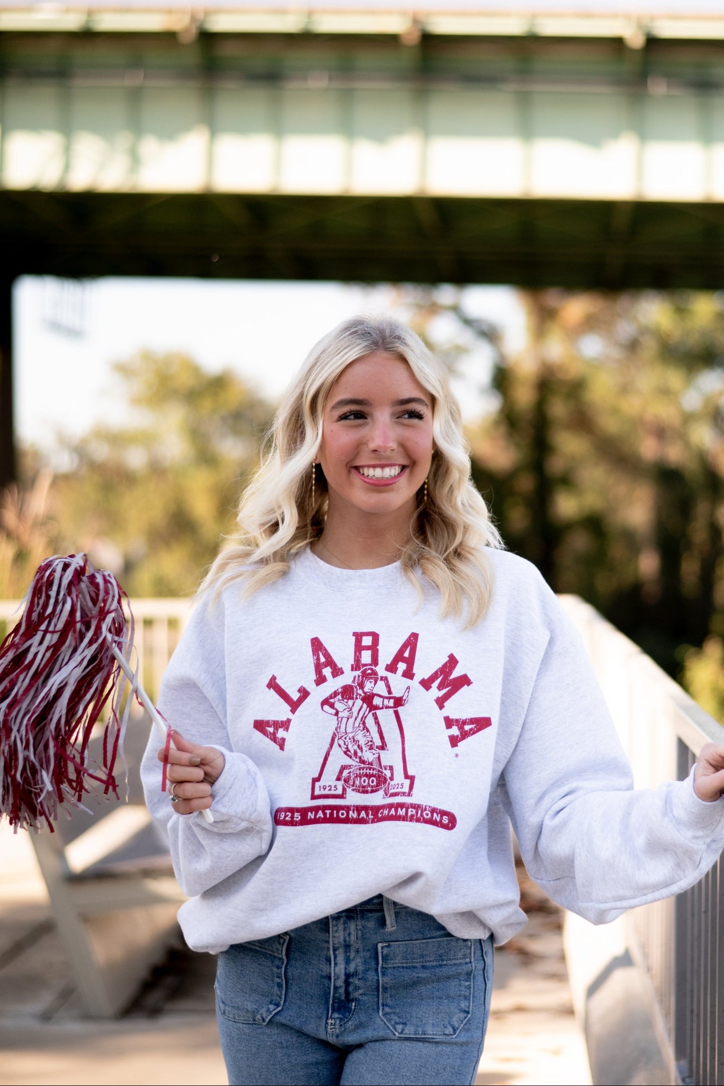 University of Alabama Light Grey Sweatshirt with Red text “Alabama” above a Block A with an old-fashioned football player