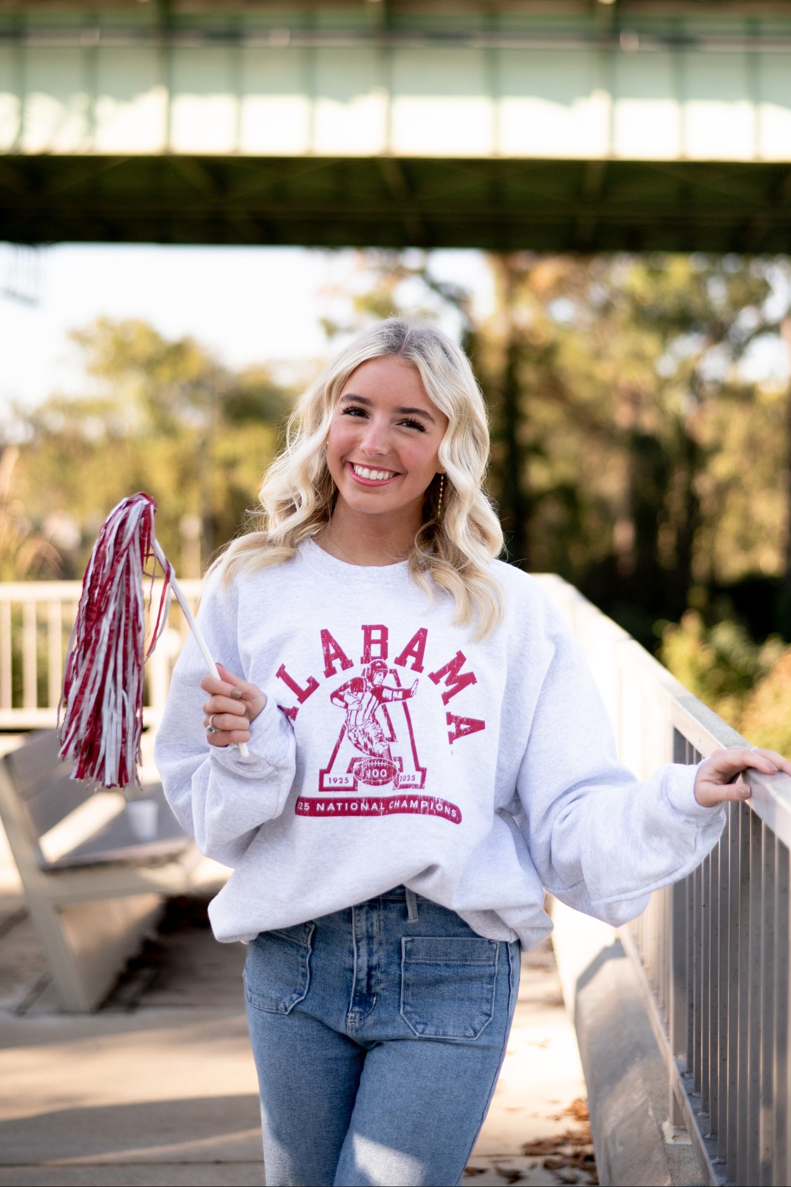 University of Alabama Light Grey Sweatshirt with Red text “Alabama” above a Block A with an old-fashioned football player