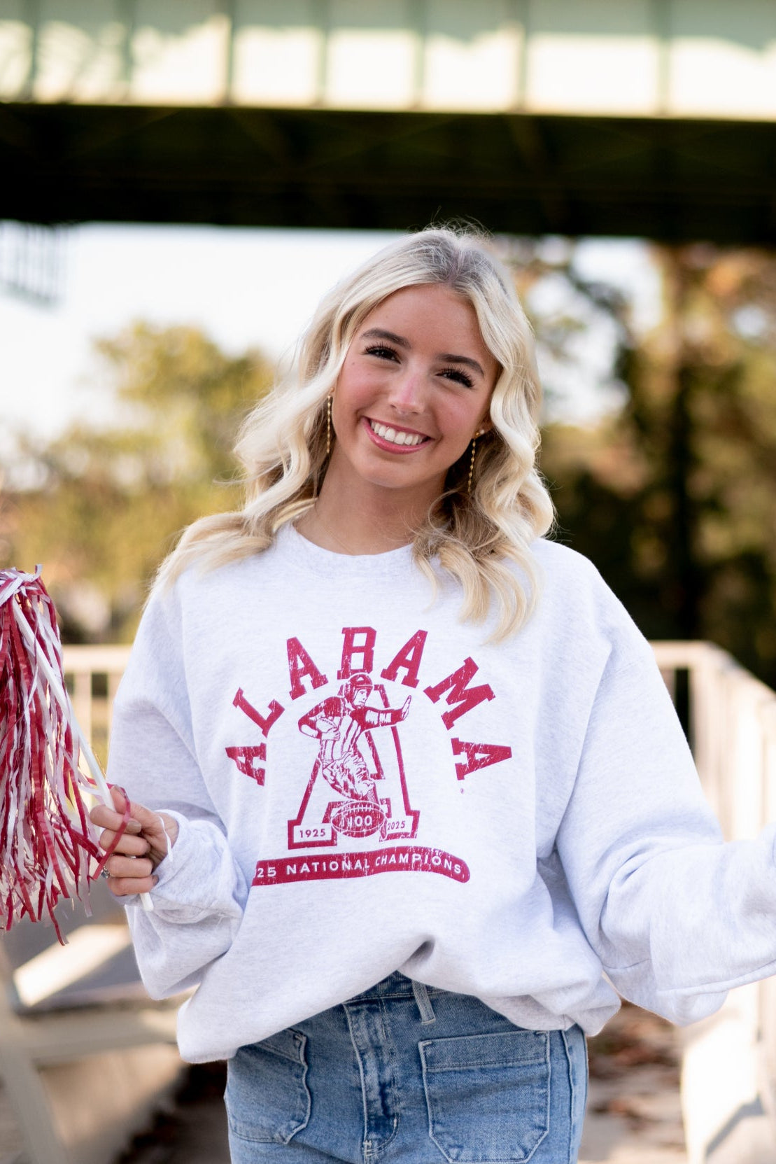 University of Alabama Light Grey Sweatshirt with Red text “Alabama” above a Block A with an old-fashioned football player