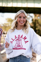University of Alabama Light Grey Sweatshirt with Red text “Alabama” above a Block A with an old-fashioned football player