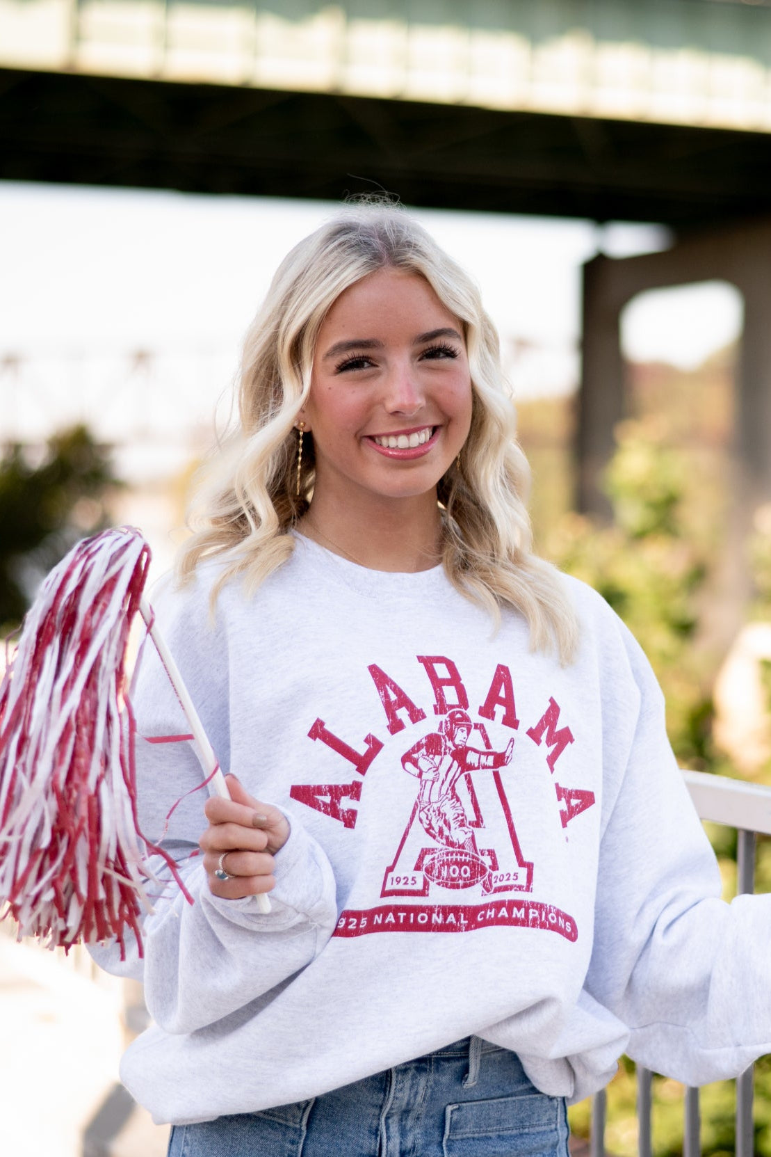 University of Alabama Light Grey Sweatshirt with Red text “Alabama” above a Block A with an old-fashioned football player