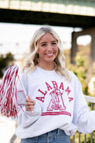 University of Alabama Light Grey Sweatshirt with Red text “Alabama” above a Block A with an old-fashioned football player