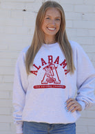 University of Alabama Light Grey Sweatshirt with Red text “Alabama” above a Block A with an old-fashioned football player