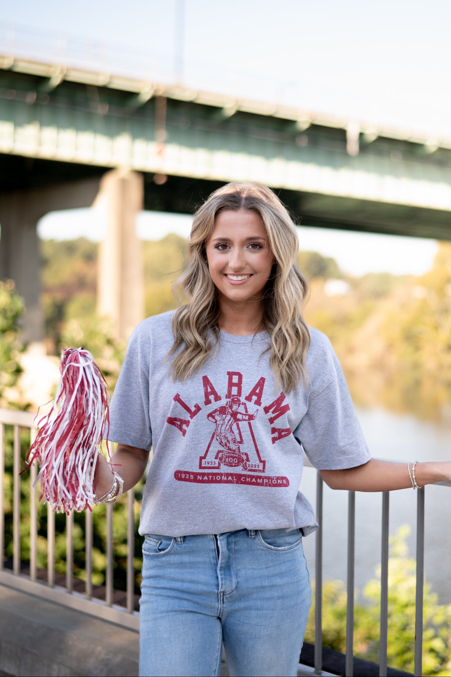 University of Alabama Grey T-Shirt with Red text “Alabama” above a Block A with an old-fashioned football player