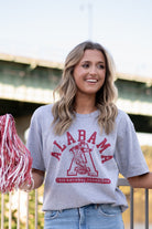 University of Alabama Grey T-Shirt with Red text “Alabama” above a Block A with an old-fashioned football player