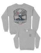 University of Alabama and Auburn University Grey Sweatshirt with a hammer striking an anvil with the “sparks” colored with the respective teams’ colors surrounded by text “Alabama Auburn” and “Iron Bowl”