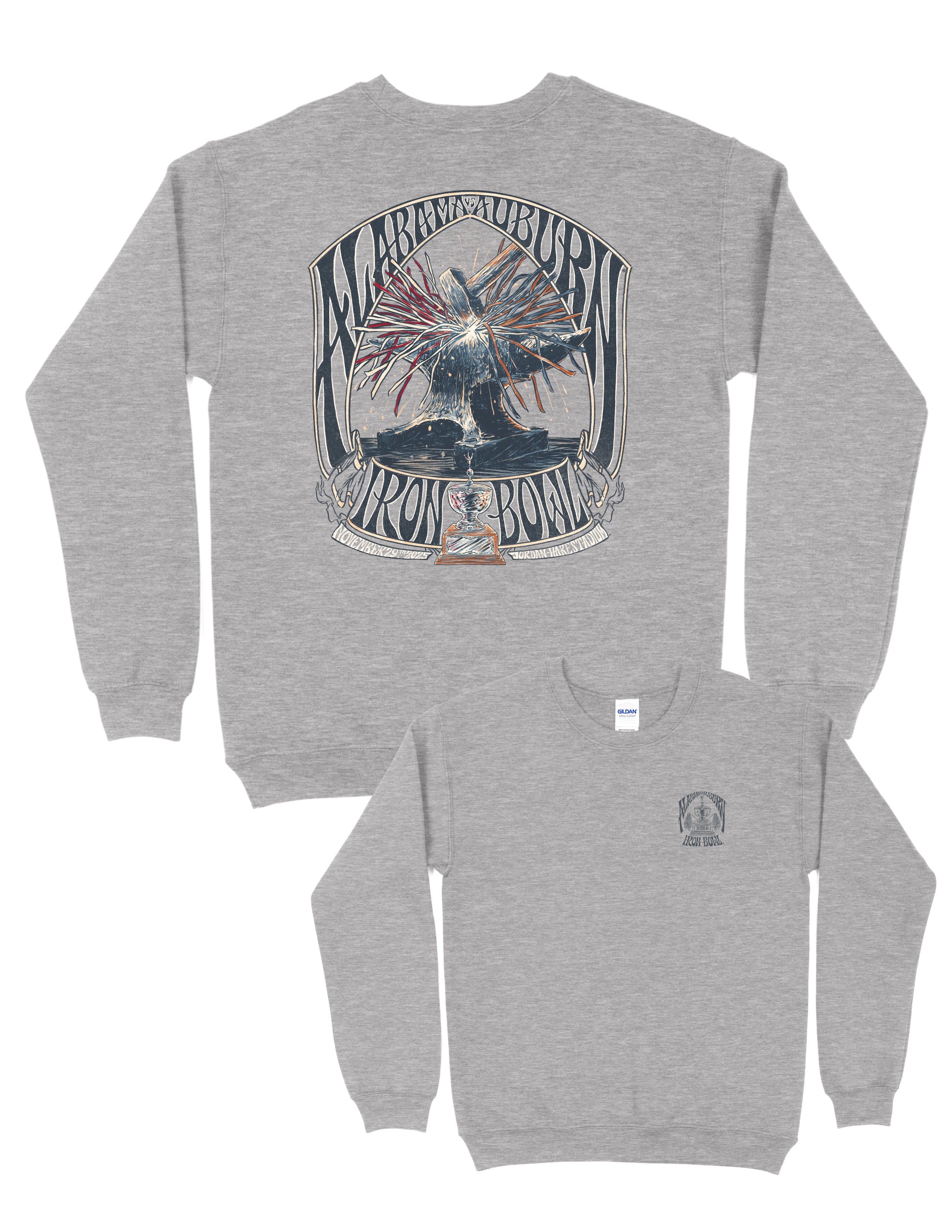 University of Alabama and Auburn University Grey Sweatshirt with a hammer striking an anvil with the “sparks” colored with the respective teams’ colors surrounded by text “Alabama Auburn” and “Iron Bowl”