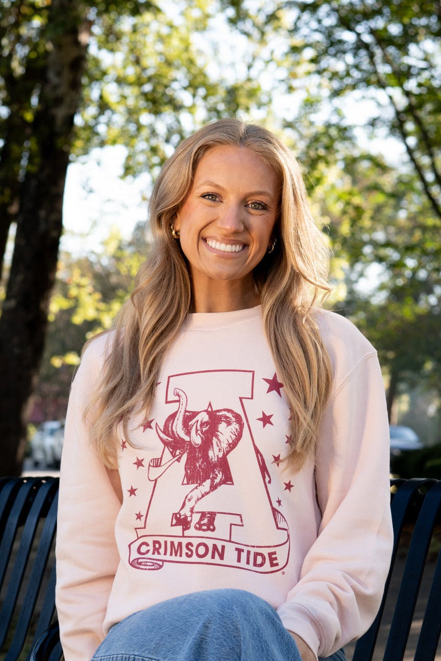 University of Alabama Pale Pink Sweatshirt with Pink stars surrounding a Pink Vintage A Logo