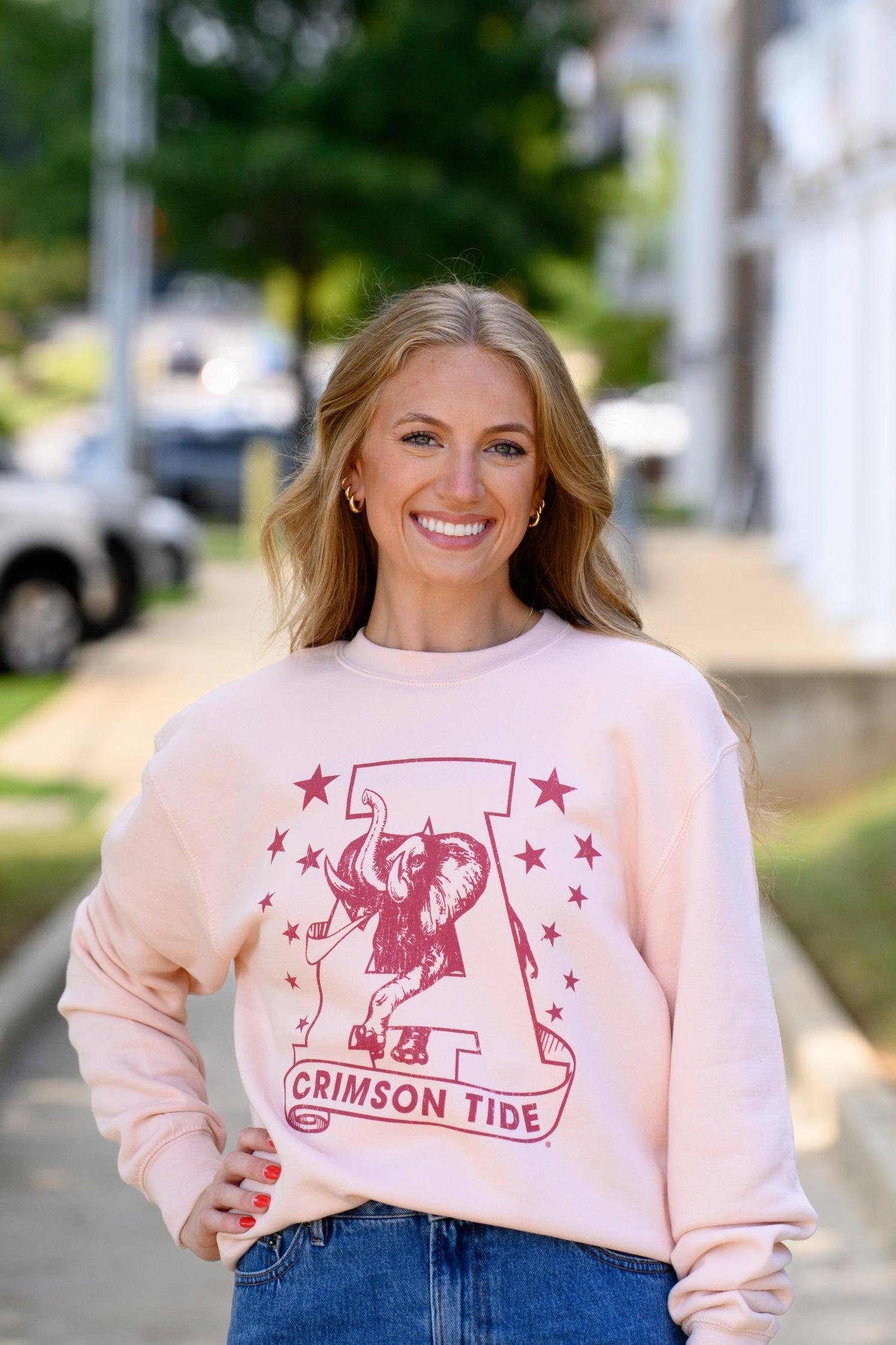 University of Alabama Pale Pink Sweatshirt with Pink stars surrounding a Pink Vintage A Logo