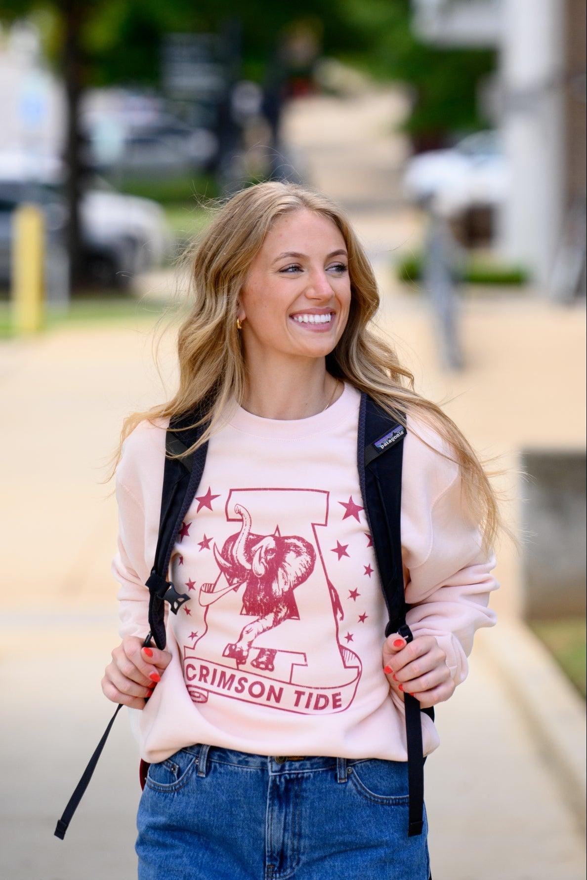 University of Alabama Pale Pink Sweatshirt with Pink stars surrounding a Pink Vintage A Logo