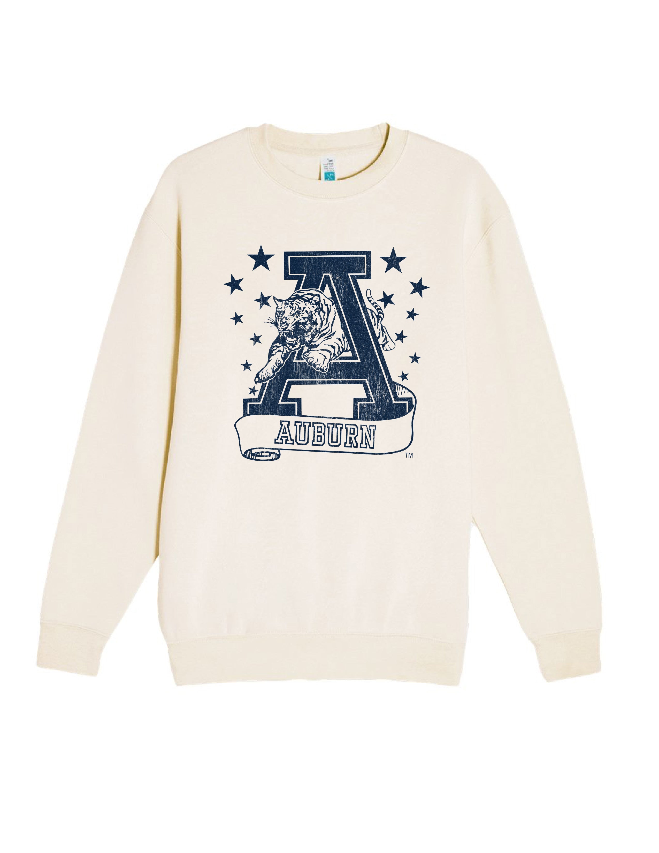 Auburn University Ivory Sweatshirt with Navy stars surrounding a Navy Leaping Tiger Logo