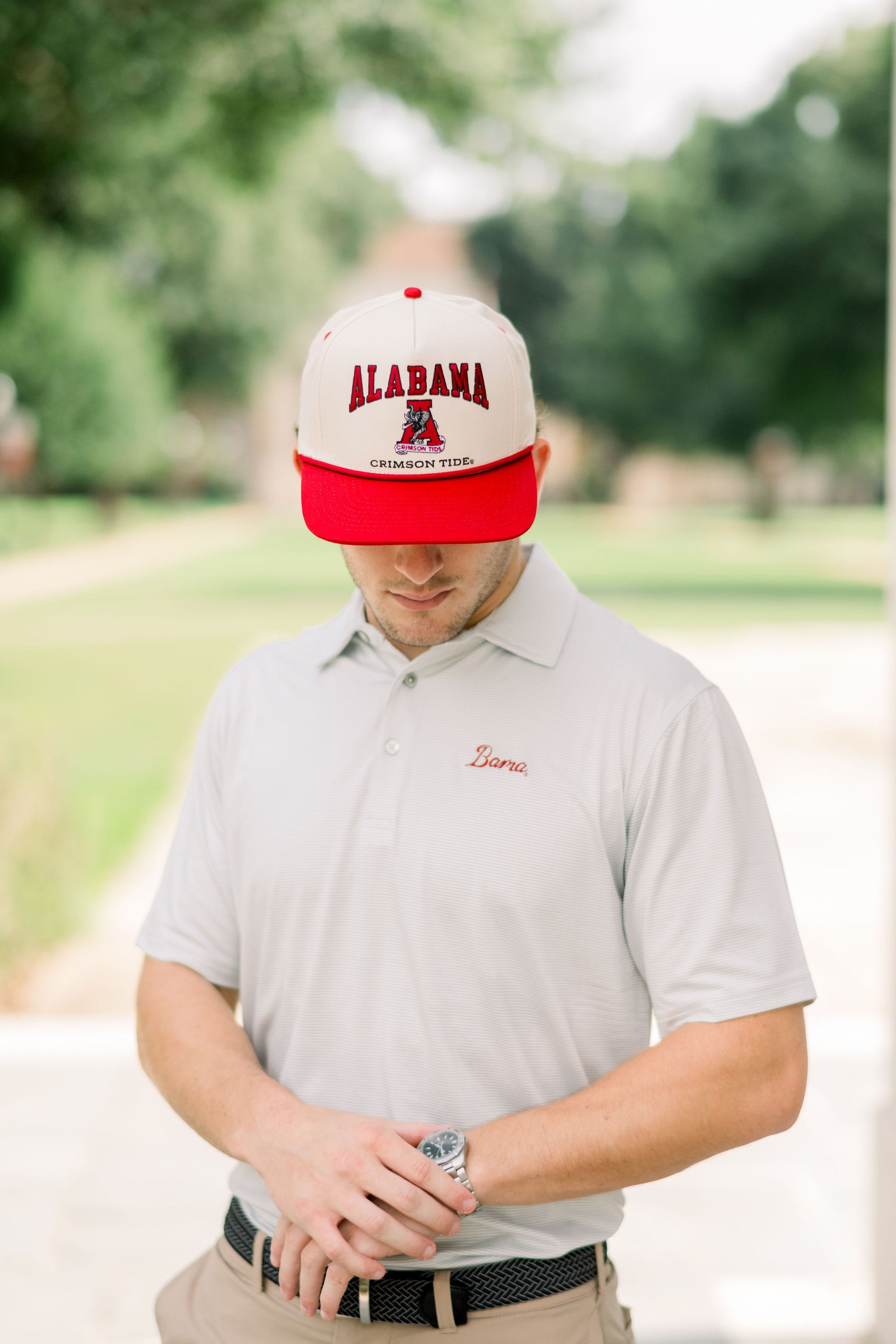 University of Alabama Khaki/Crimson Rope Hat with an image of the Vintage A and the text "Alabama Crimson Tide" surrounding the image