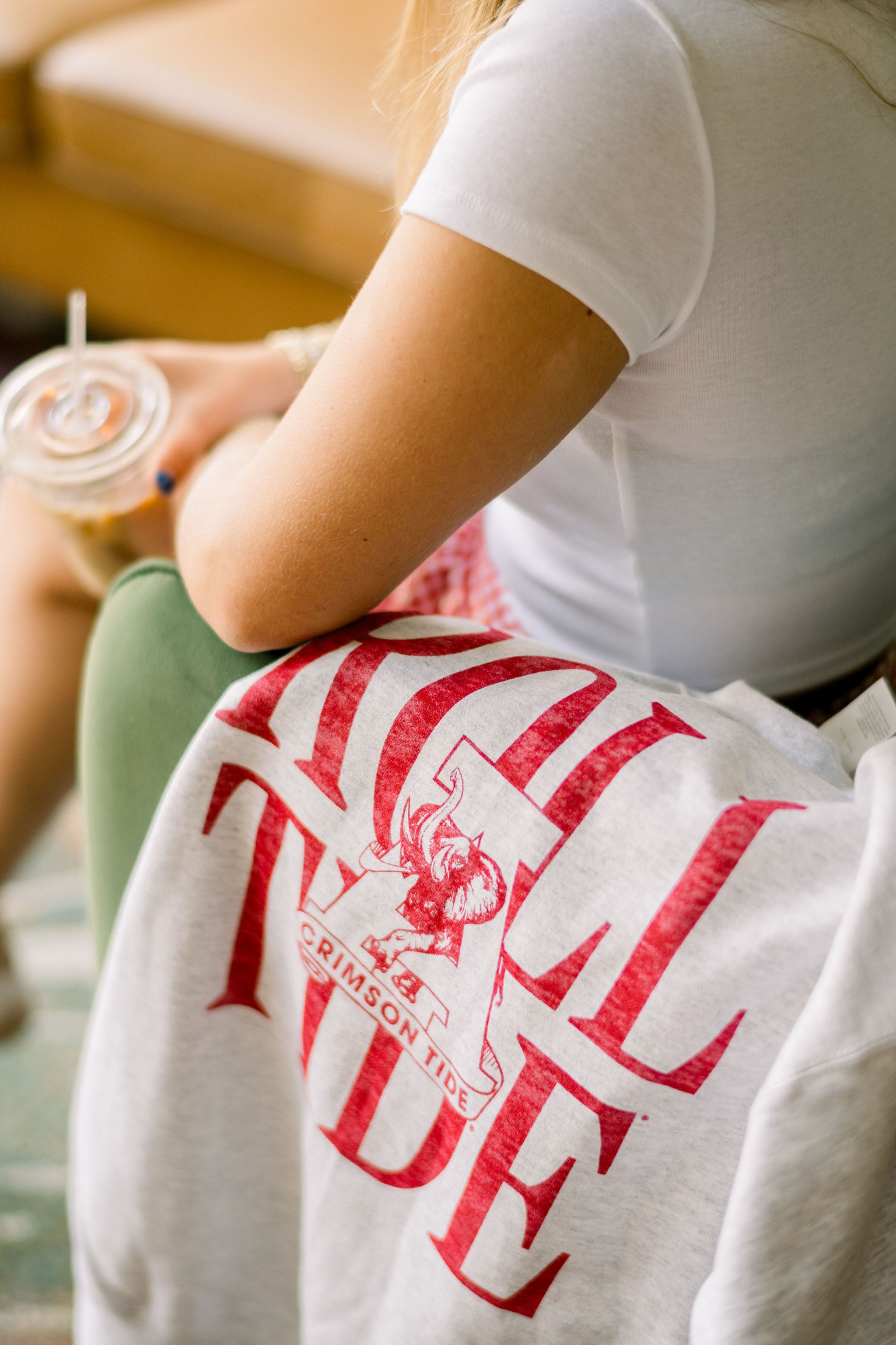 University of Alabama Light Grey Sweatshirt with Red Distressed Text “Roll Tide” behind the Vintage A logo