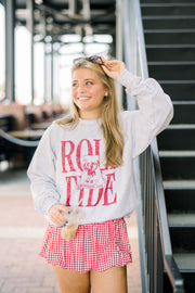 University of Alabama Light Grey Sweatshirt with Red Distressed Text “Roll Tide” behind the Vintage A logo