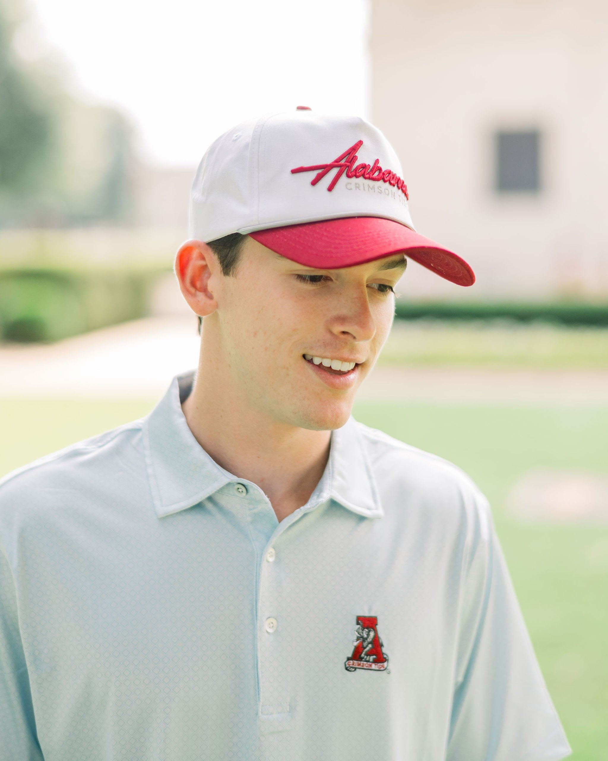 University of Alabama White and Red Hat with Red “Alabama” embroidery and Light Grey text “Crimson Tide”