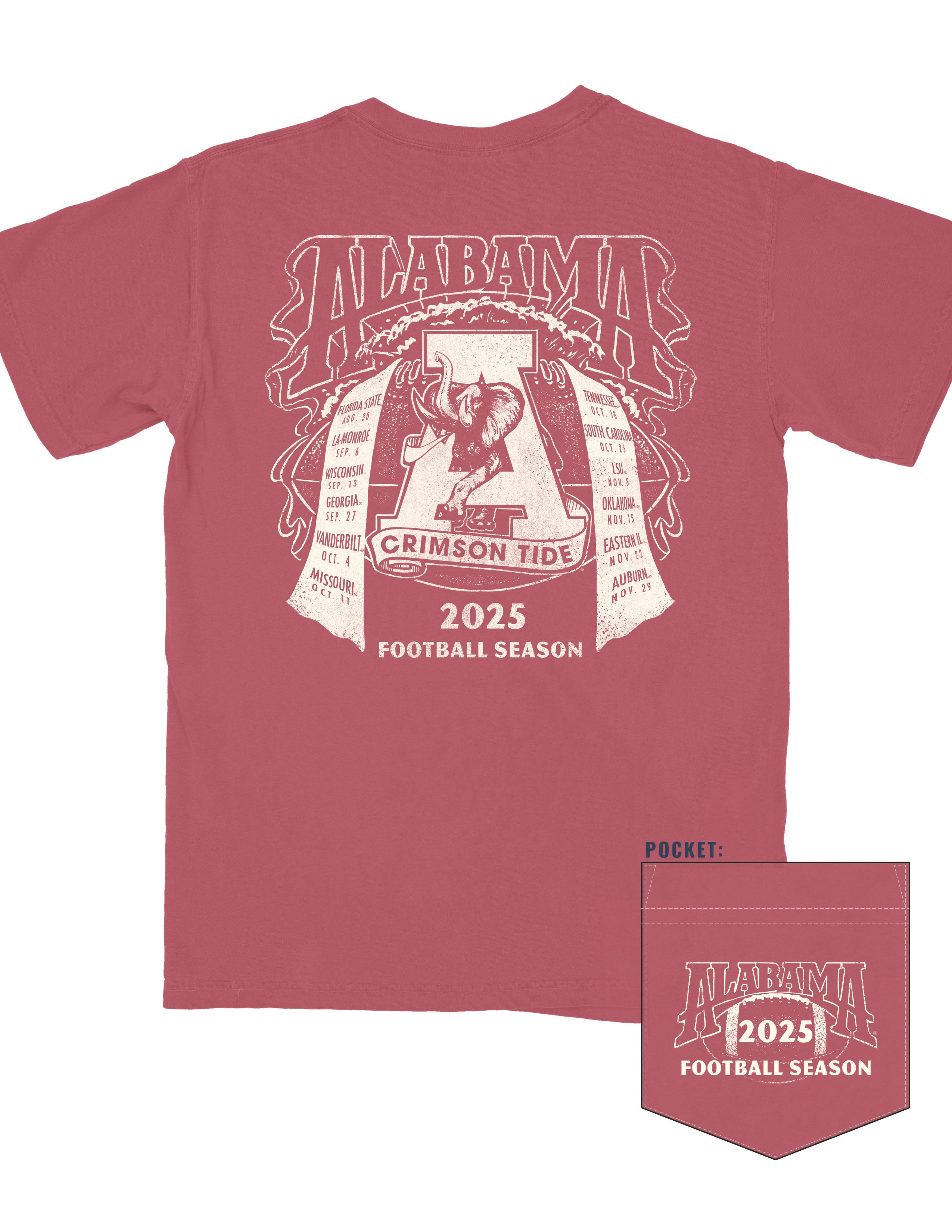 University of Alabama Crimson T-Shirt with an image of the Vintage A Logo surrounded by scrolls that read the 2025 Alabama football schedule