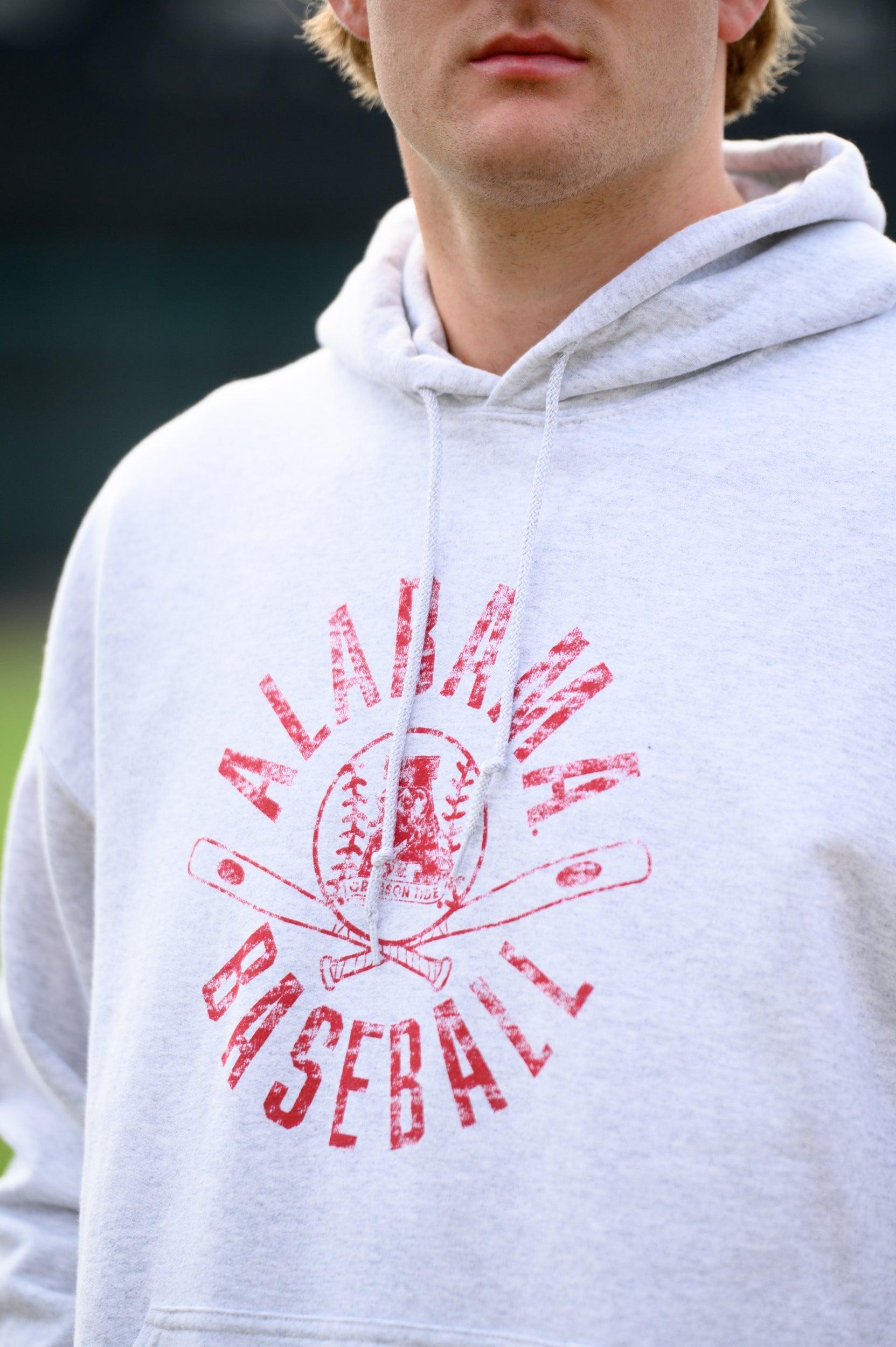 University of Alabama Distressed Light Grey Hoodie with a Red Baseball featuring the Vintage A logo over crossed baseball bats, surrounded by Red text “Alabama Baseball”