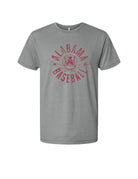 University of Alabama Distressed Grey T-Shirt with a Red Baseball featuring the Vintage A logo over crossed baseball bats, surrounded by White text “Alabama Baseball”