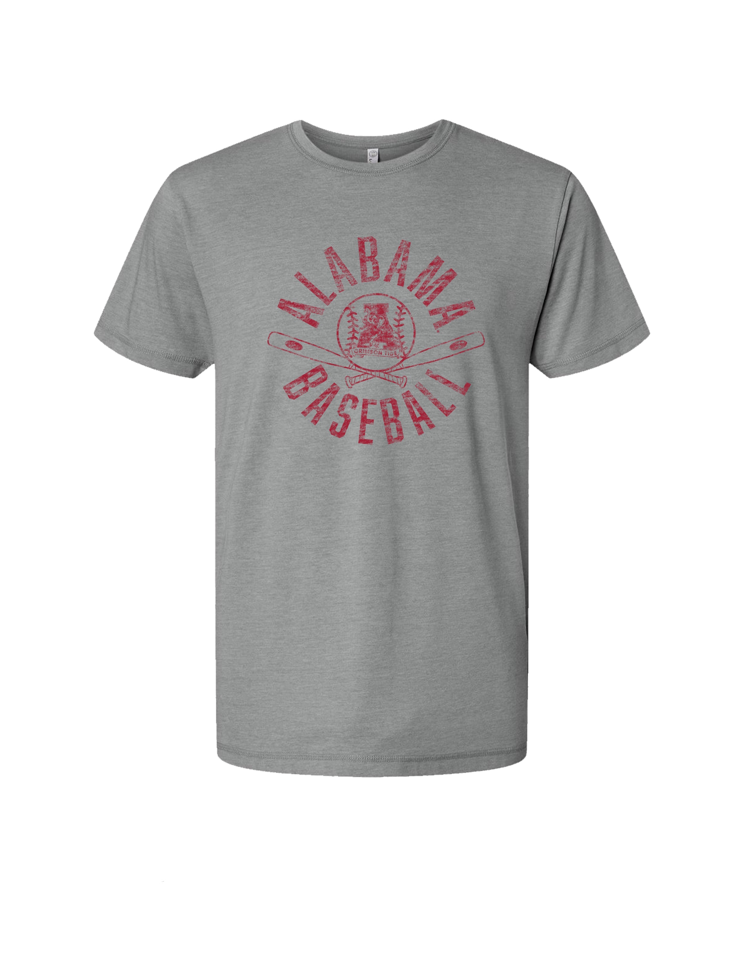 University of Alabama Distressed Grey T-Shirt with a Red Baseball featuring the Vintage A logo over crossed baseball bats, surrounded by White text “Alabama Baseball”