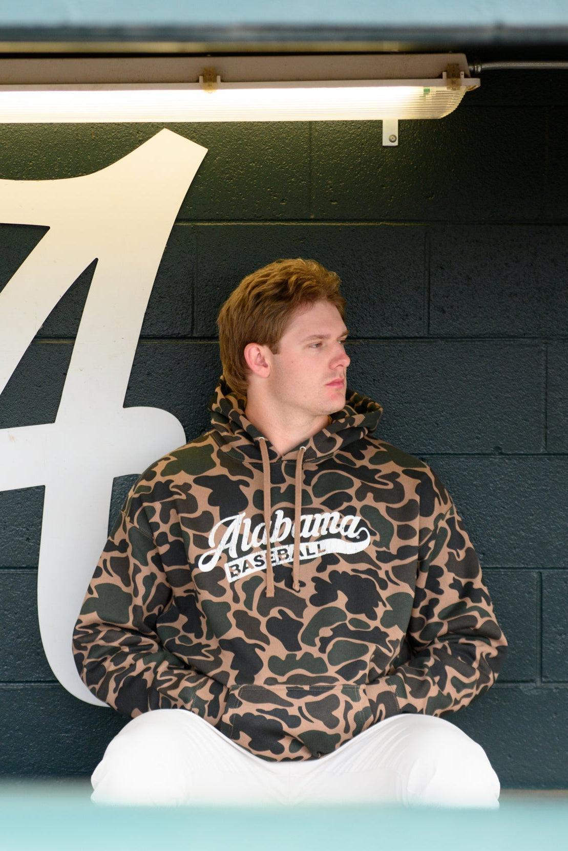 University of Alabama Camo Hoodie with a White script "Alabama" and text "BASEBALL" in the script tail