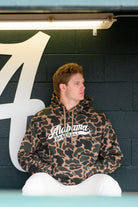 University of Alabama Camo Hoodie with a White script "Alabama" and text "BASEBALL" in the script tail