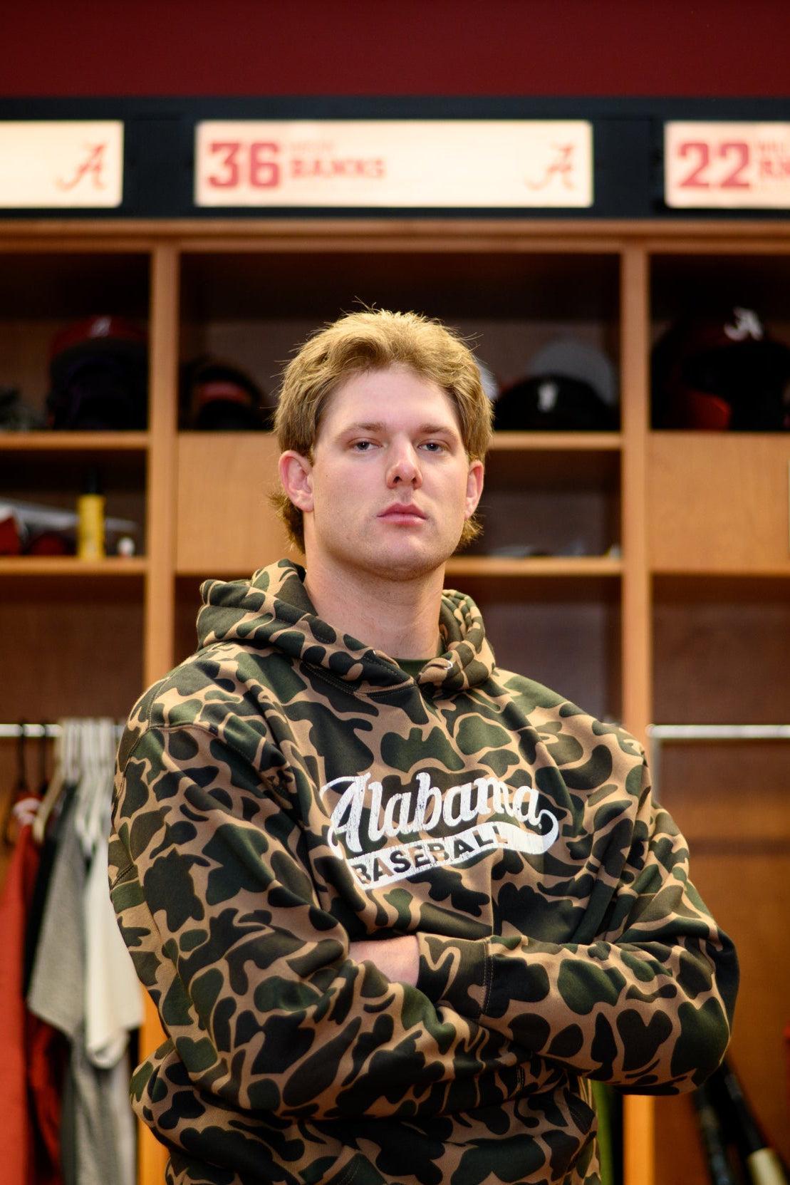 University of Alabama Camo Hoodie with a White script "Alabama" and text "BASEBALL" in the script tail