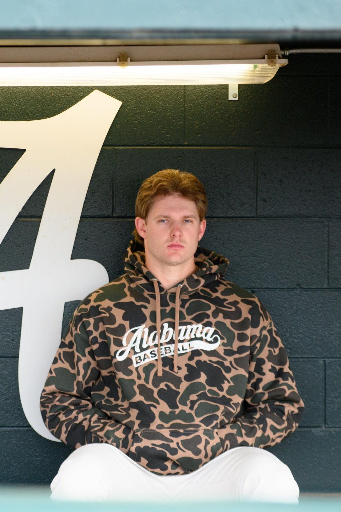 University of Alabama Camo Hoodie with a White script "Alabama" and text "BASEBALL" in the script tail