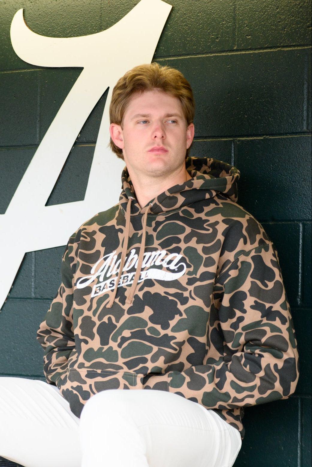 University of Alabama Camo Hoodie with a White script "Alabama" and text "BASEBALL" in the script tail