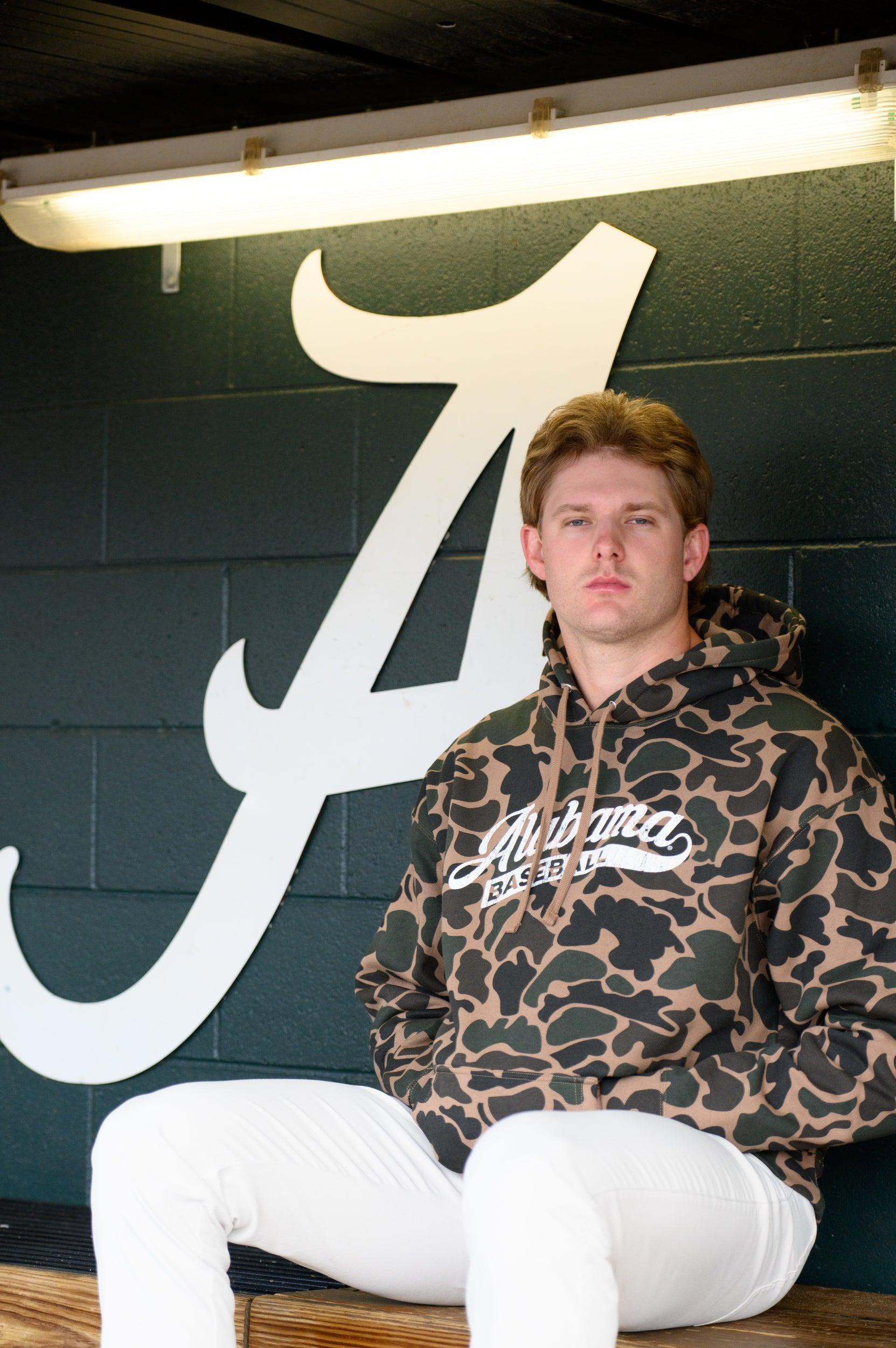 University of Alabama Camo Hoodie with a White script "Alabama" and text "BASEBALL" in the script tail