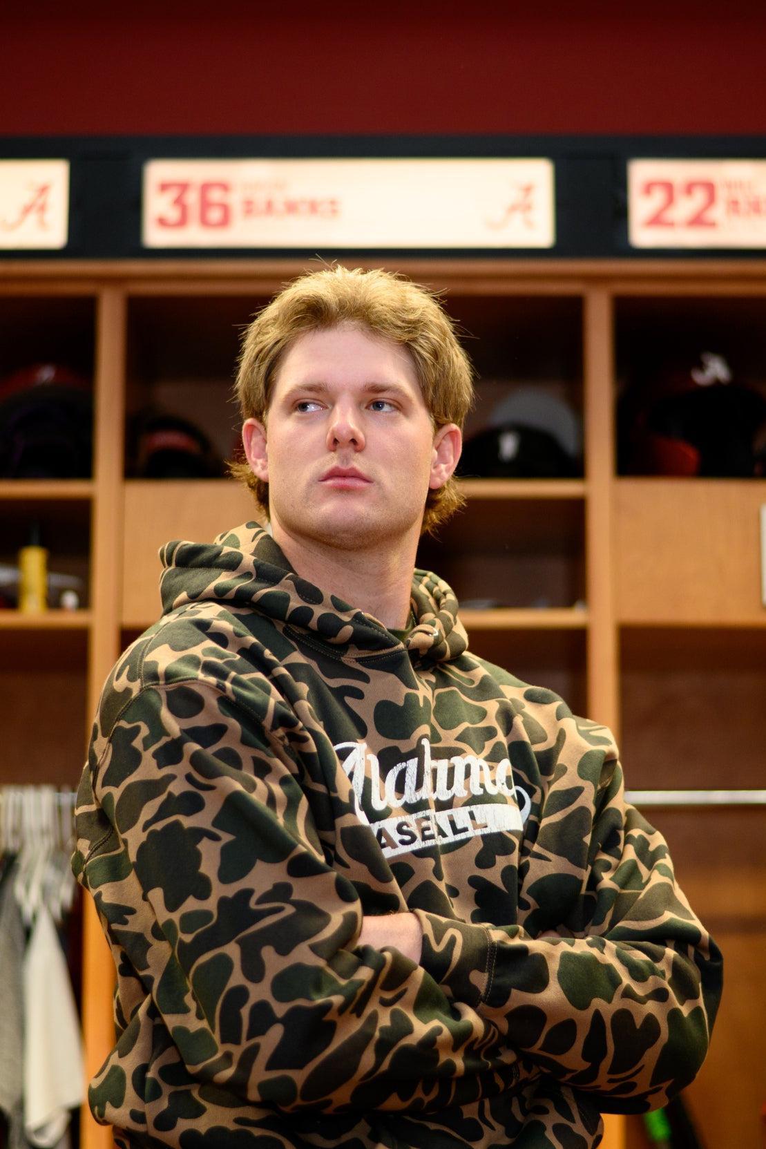 University of Alabama Camo Hoodie with a White script "Alabama" and text "BASEBALL" in the script tail