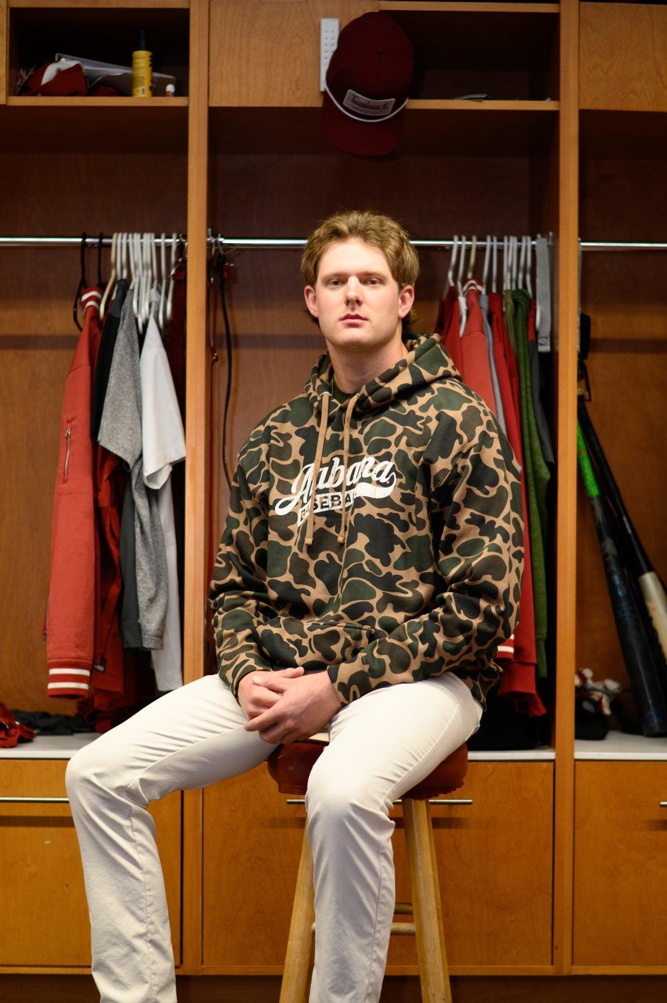 University of Alabama Camo Hoodie with a White script "Alabama" and text "BASEBALL" in the script tail