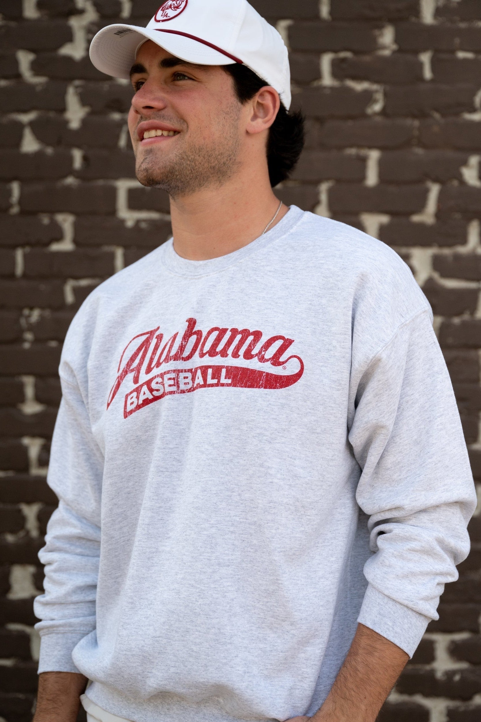  University of Alabama Alabama Baseball Ash Gildan Crewneck with script "Alabama" and text "BASEBALL" inside the tail of the script 