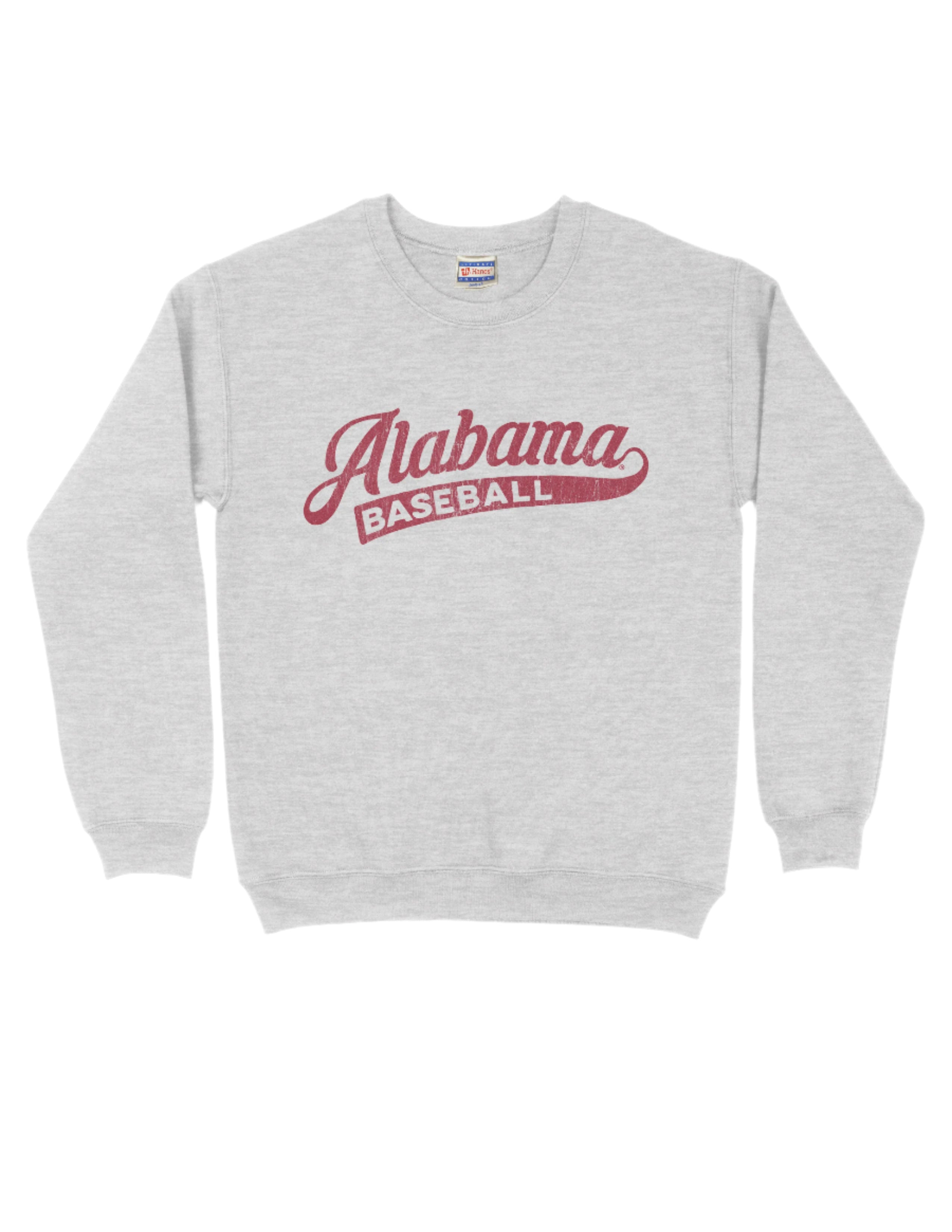 University of Alabama Alabama Baseball Grey Gildan Crewneck with script "Alabama" and text "BASEBALL" inside the tail of the script