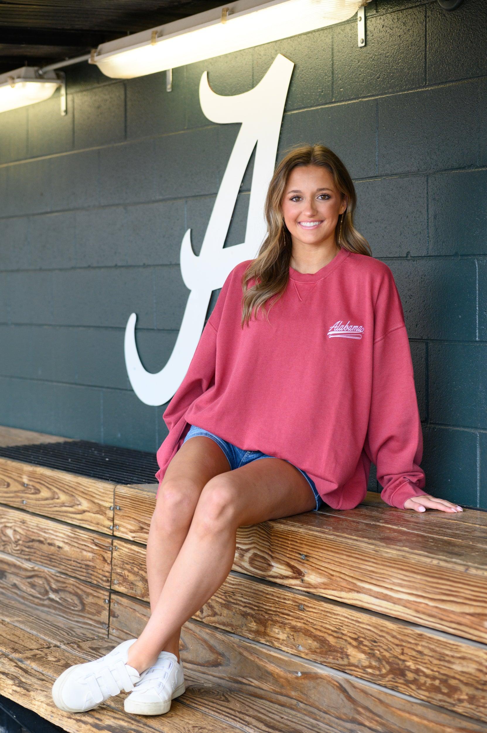 University of Alabama Red Sweatshirt with White “Alabama” script and baseball bat embroidery