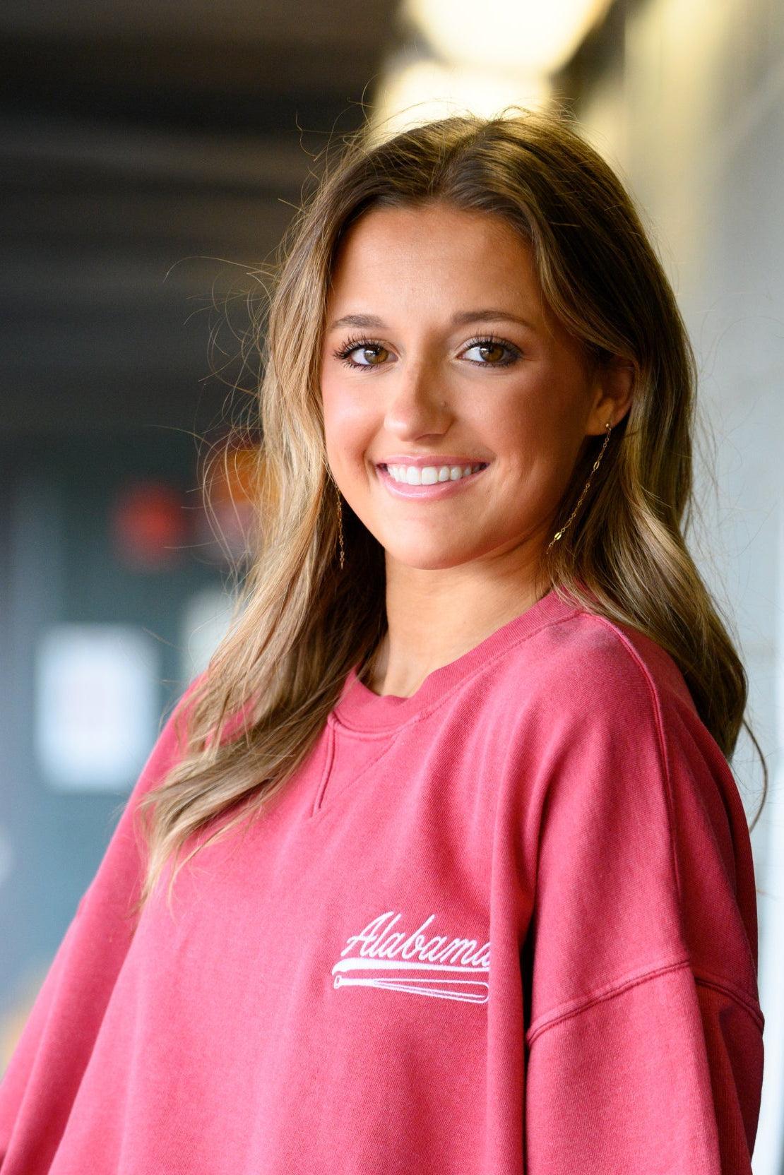 University of Alabama Red Sweatshirt with White “Alabama” script and baseball bat embroidery