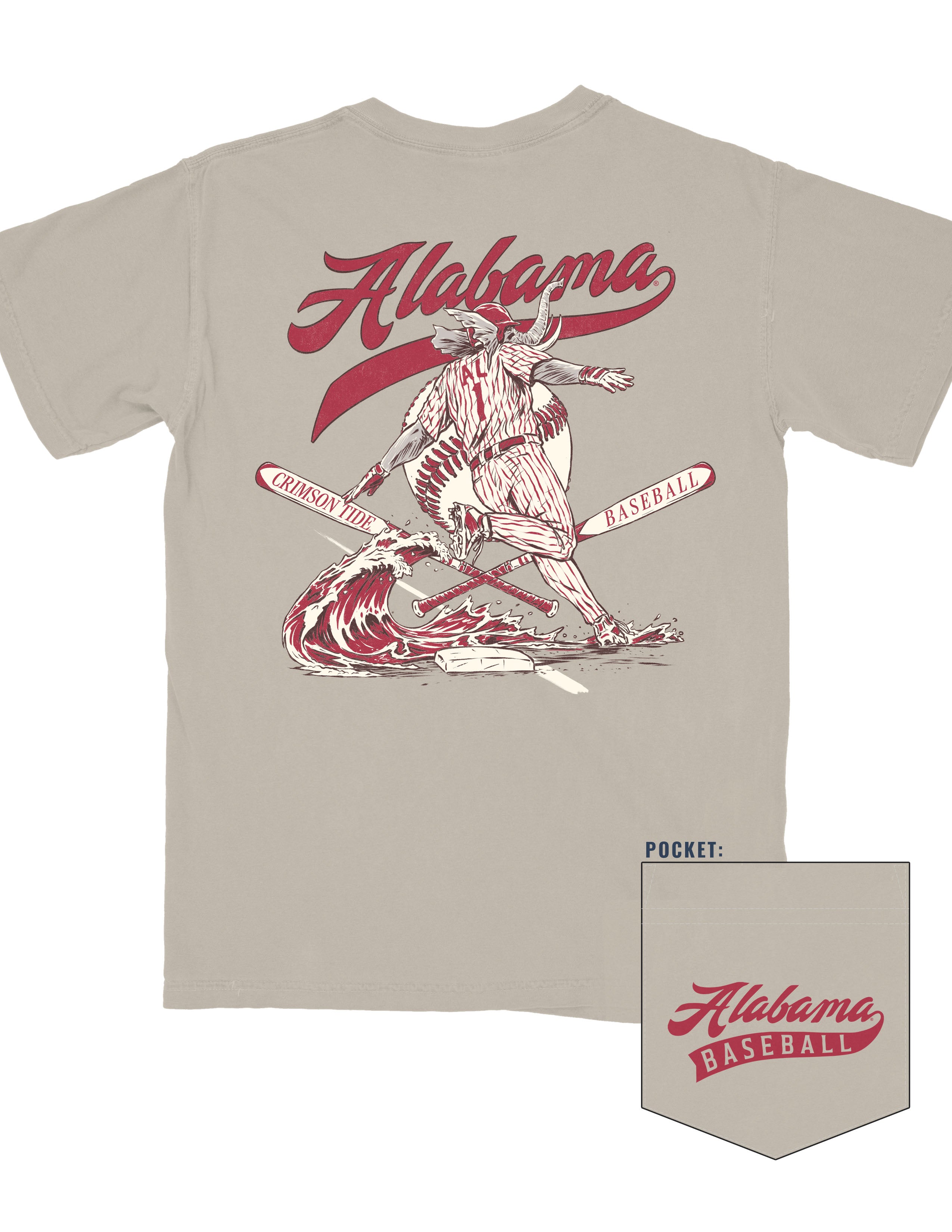 Beige t-shirt with red 'Alabama Baseball' design on a white background