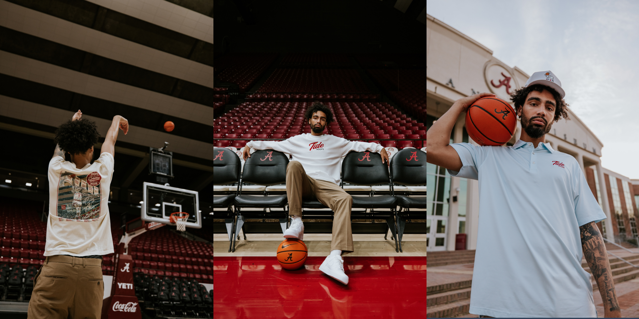Collage of a man playing basketball while wearing JNJ's Alabama Products in front of and inside Coleman Coliseum