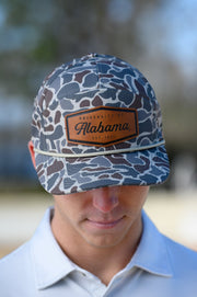 University of Alabama Camo Hat with White rope and Leather patch with text "University of Alabama"