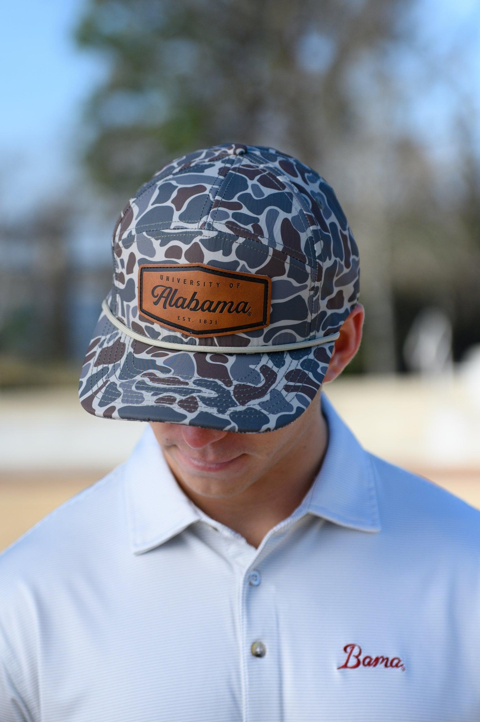 University of Alabama Camo Hat with White rope and Leather patch with text "University of Alabama"